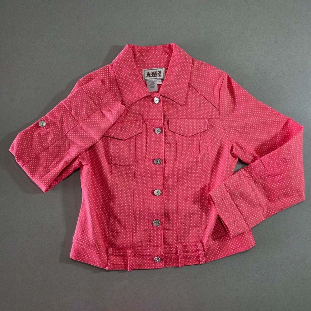 A.M.I. Womens Pink Polka Dot Button Up Jacket Rose Buttons Size M 550931R